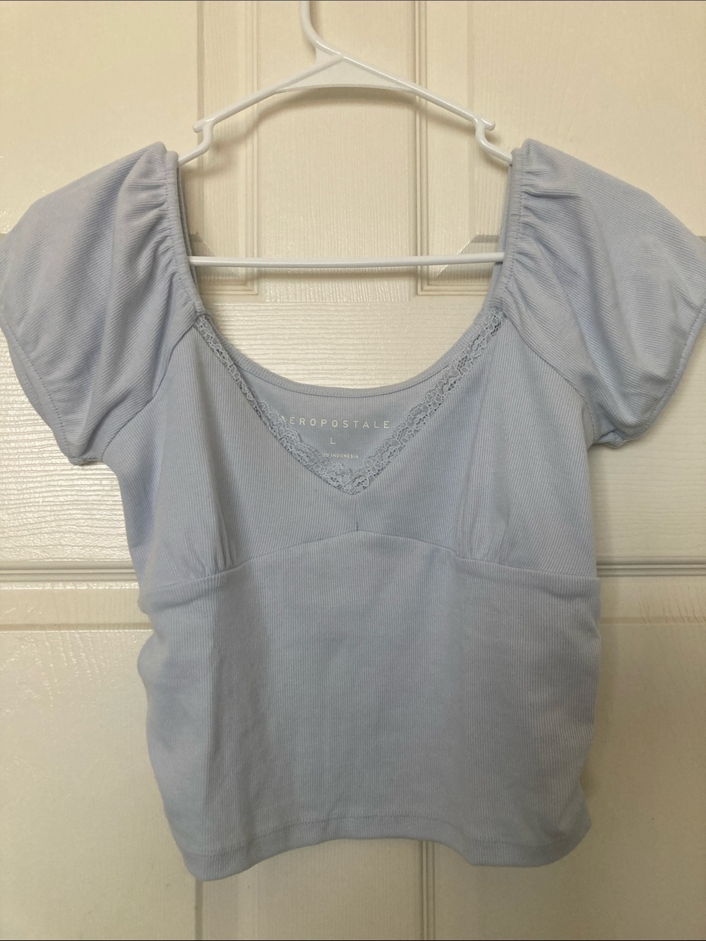 Aeropostale Pale Blue Ribbed Puff Sleeve Crop Top
